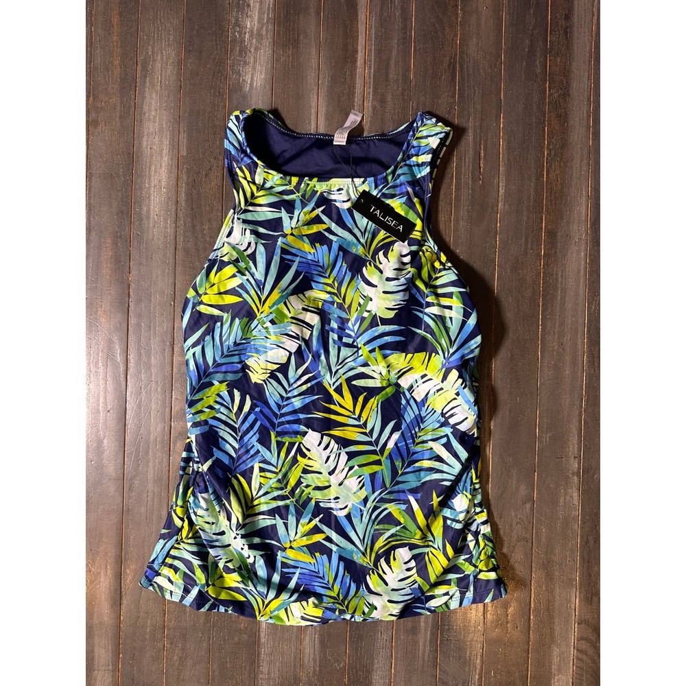 Women Tropical Palm Leaf Print Tankini Swim Top Blue Green